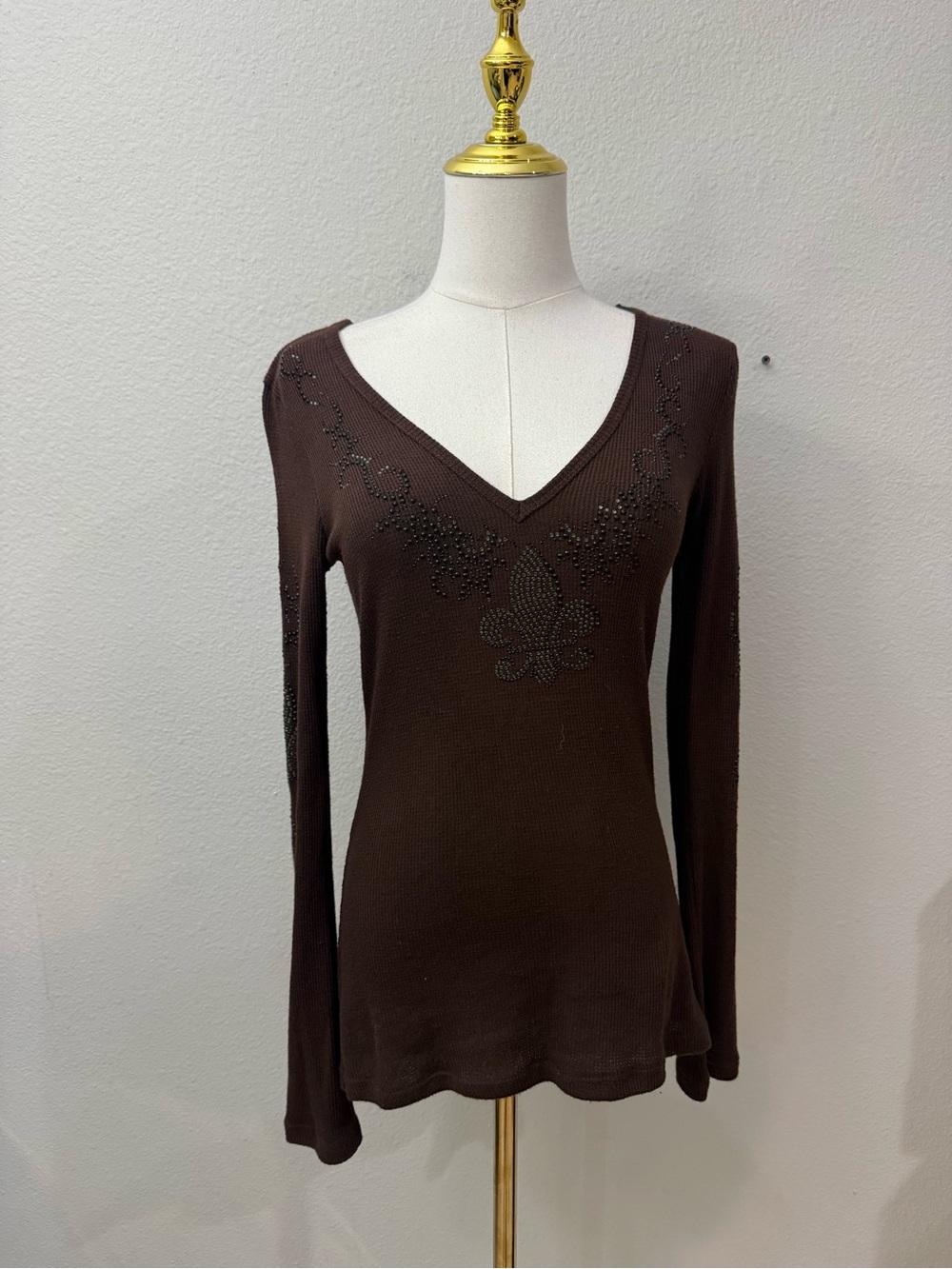 Y2K Insipired Brown V-Neck Long Sleeve Top with Embellished Detail M